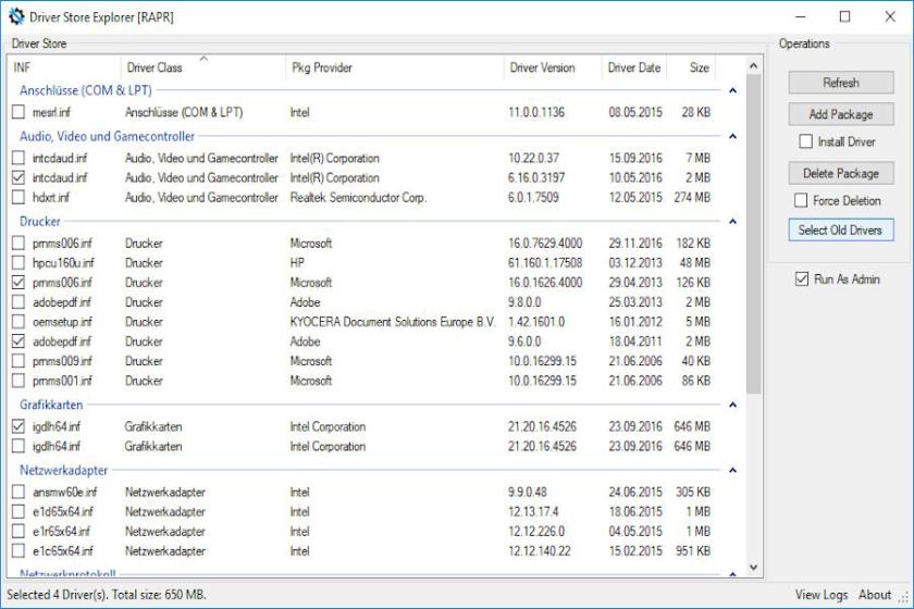 Screenshot von DriverStoreExplorer unter Windows: Übersichtliche Tabelle mit installierten Treiberpaketen (INF-Dateien, Treiberklassen, Anbieter, Version, Datum, Größe) und markierten Auswahlkästchen.