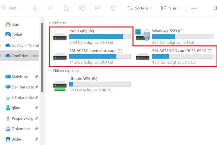Screenshot des Windows Explorer, in dem eine Übersicht der Laufwerke angezeigt wird, darunter Android-Geräte.