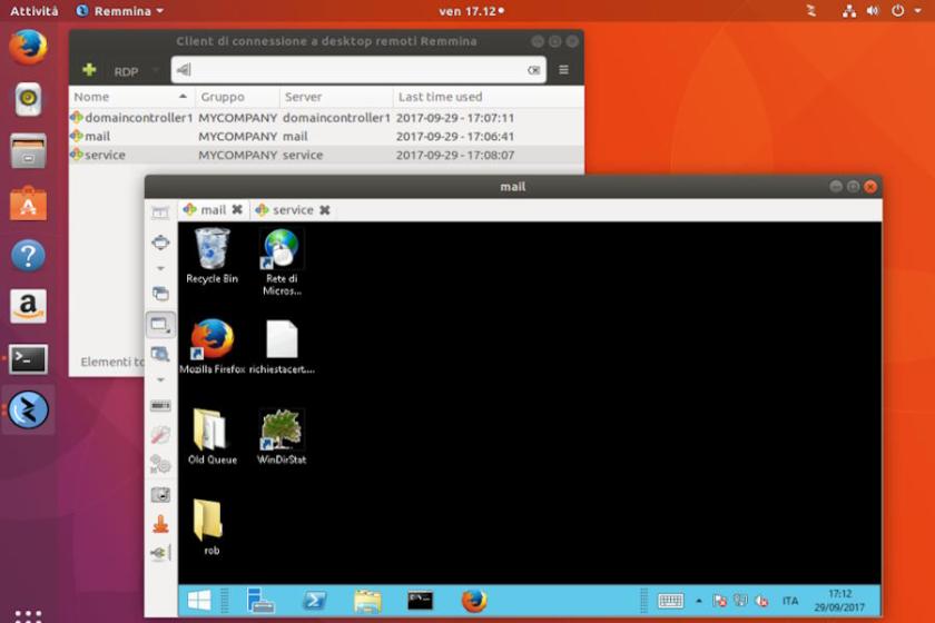 Screenshot von Remmina unter Ubuntu: Fenster mit gespeicherten Remote-Desktop-Verbindungen sowie geöffnete RDP-Sitzung auf einem Windows-Desktop.