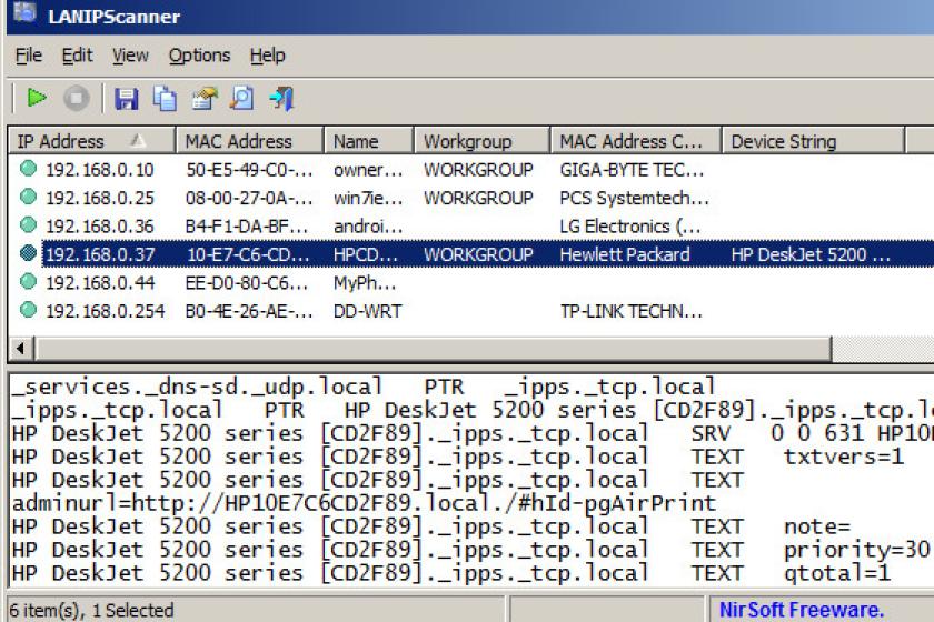Screenshot der Software LANIPScanner mit einer Liste an gefundenen Geräten samt IP-Adressen.