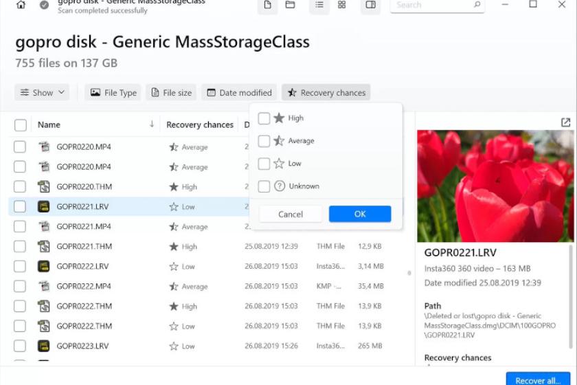 Disk Drill scannt Datenträger nach verlorenen Dateien und zeigt Wiederherstellungschancen sowie Vorschauen direkt in der Oberfläche an. (Quelle: cleverfiles.com)
