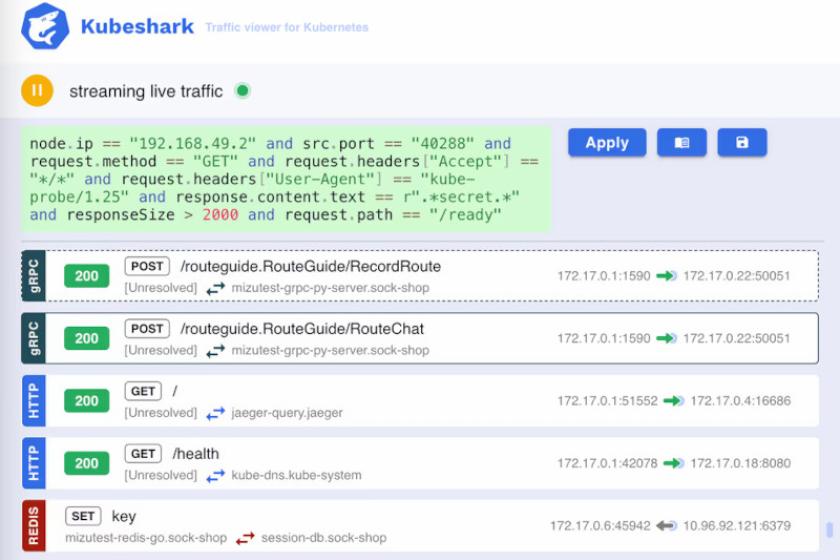 Screenshot von Kubeshark, in dem eine laufende Analyse von Netzwerkpaketen zu sehen ist.