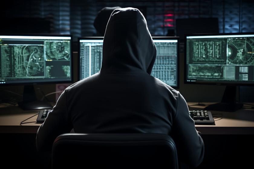Hacker, der in einem schwarzen Kapuzenpulli vor mehreren Bildschirmen sitzt.