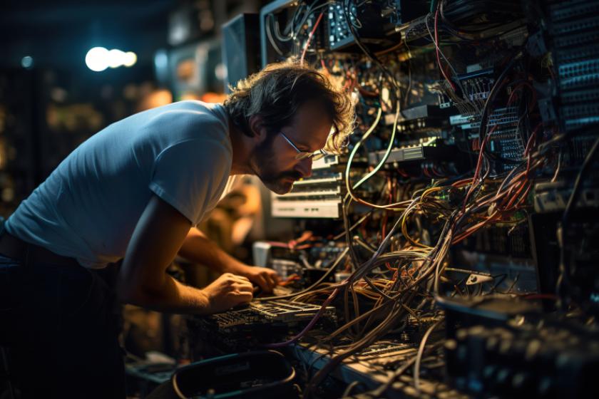 Ein Mann mit weißem T-Shirt und Brille sucht konzentriert an einer Serveranlage, aus der zahlreiche Kabel herausragen, nach dem richtigen Kabel.