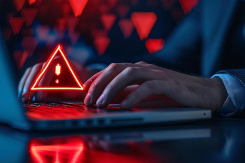 Hände eines Geschäftsmannes auf einer Laptop-Tastatur, darüber schwebt ein rotes Ausrufezeichen in einem roten Dreieck.