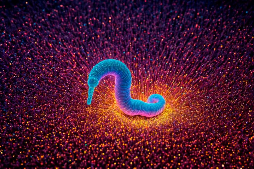 Computergenerierte Darstellung eines blauen Wurms, der auf orangefarbenen Punkten sitzt.