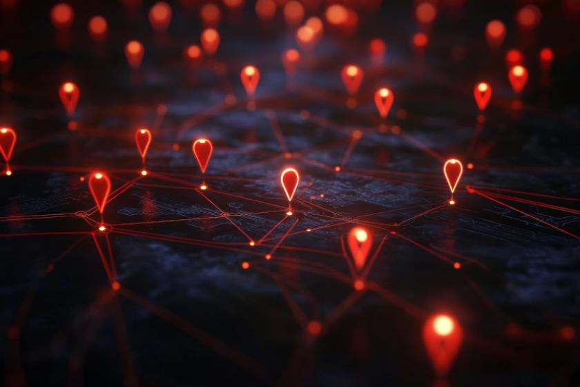 3D-Netzwerkkonzept mit roten Verbindungspunkten auf dunklem Hintergrund