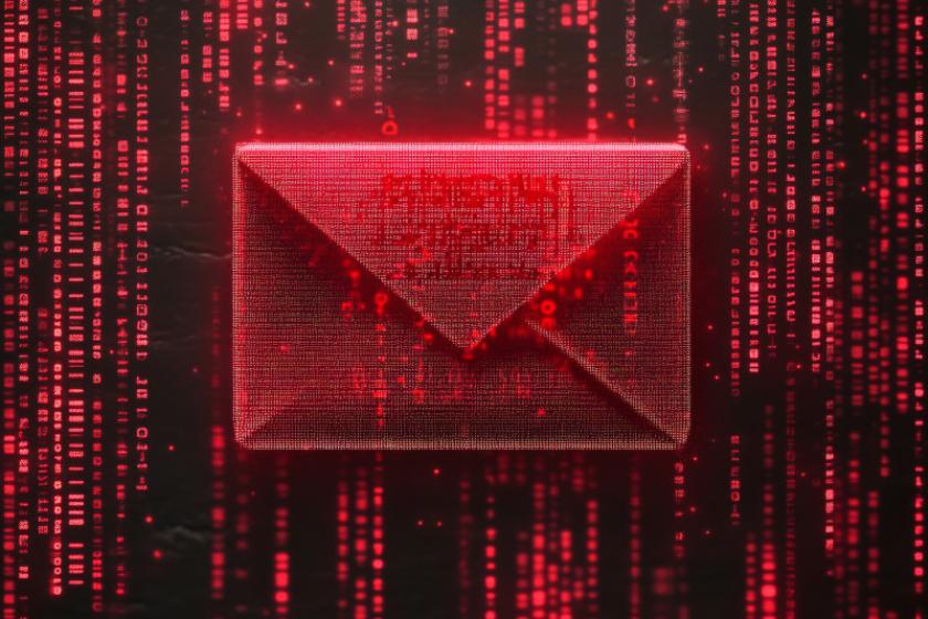 Ein roter, digitaler Briefumschlag vor rot dargestelltem, abstrakten Programmiercode.
