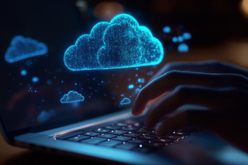 Hände auf einer Laptop-Tastatur, darüber schweben digitalisierte Wolken vor dem Bildschirm.