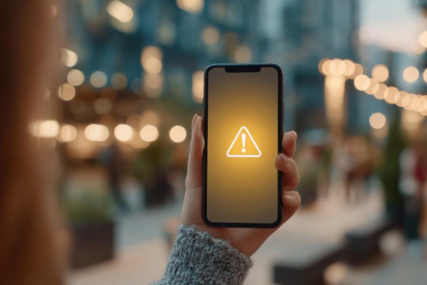 Frau hält ein Smartphone hoch, auf dem ein gelb hinterlegtes Ausrufezeichen auf dem Display zu sehen ist.