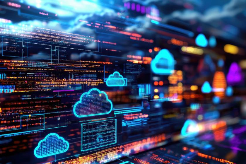 Abstrakte Darstellung von Clouds vor Programmiercode.