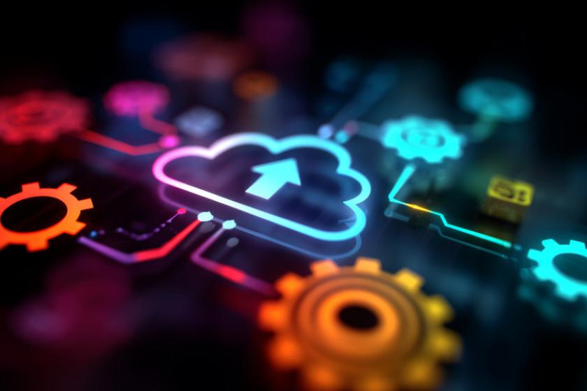 Ein Cloudsymbol mit einem Pfeil darin liegt zwischen Zahnrädern.