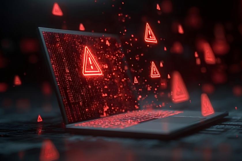 Auf einem Laptop-Bildschirm erscheint eine kritische Warnmeldung. Im Hintergrund laufen grünliche Matrix-Codezeilen. Mehrere rote Warndreiecke mit Ausrufezeichen scheinen aus dem Gerät herauszubrechen. Die Darstellung symbolisiert einen schweren Cyberangriff oder eine Malware-Infektion.