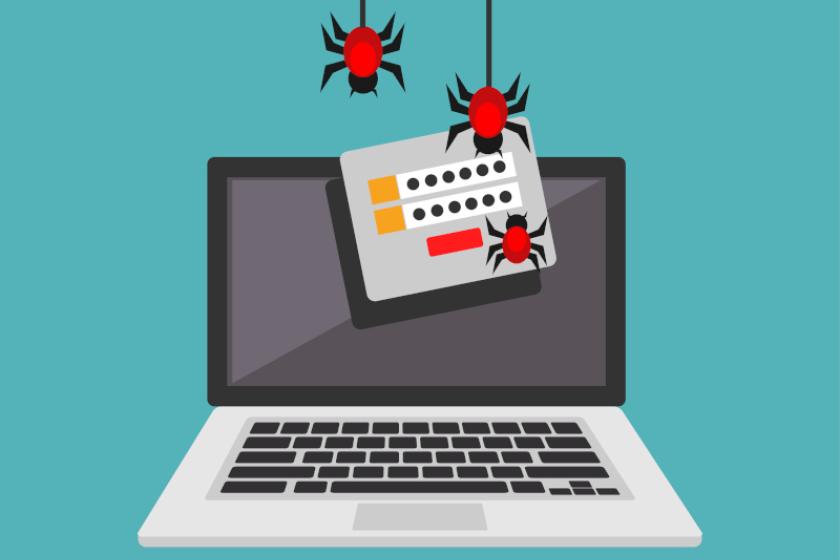 Darstellung eines aufgeklappten Laptops mit ausgefüllter Anmeldemaske, die durch Angreifer gestohlen wird.
