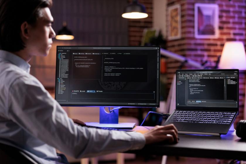 Ein Mann sitzt an einem Laptop sowie einem weiteren Bildschirm daneben, auf denen Programmiercode abgebildet ist.