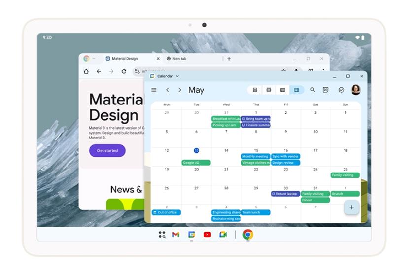 Android-Tablet mit zwei geöffneten Fenstern, einem Chrome-Browser im Hintergrund und einem Kalender im Vordergrund.
