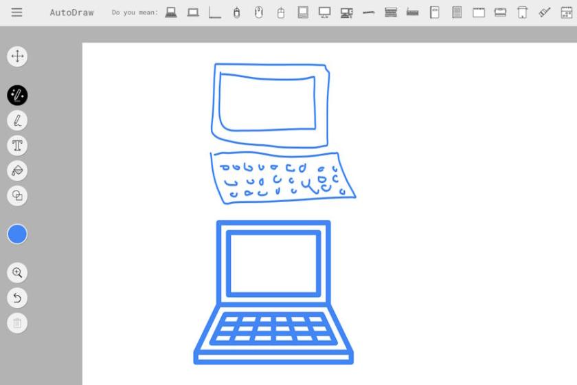 Screenshot der AutoDraw-Oberfläche: Eine gezeichnete Skizze eines Laptops wird automatisch in eine saubere, optimierte Grafik umgewandelt.