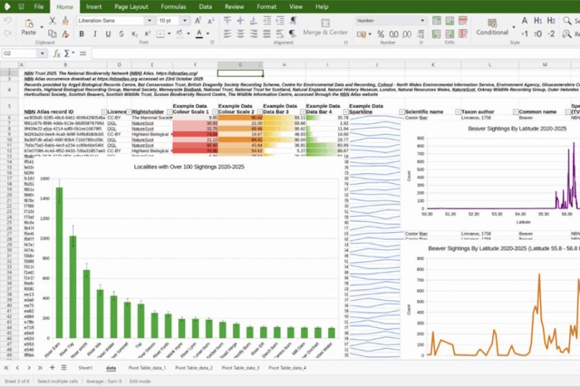 Screenshot einer Tabellenkalkulation mit Diagrammen und farblich hervorgehobenen Daten in der Office-Anwendung Collabora Office for desktop, mit grüner Menü- und Symbolleiste.
