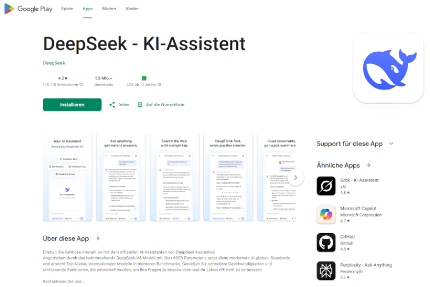 Screenshot der App Deepseek in Google Play.