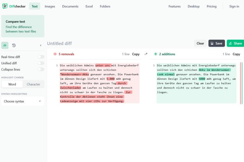 Über die Webseite von Diffchecker.com lassen sich die Unterschiede zwischen zwei Texten im Nu erkennen.