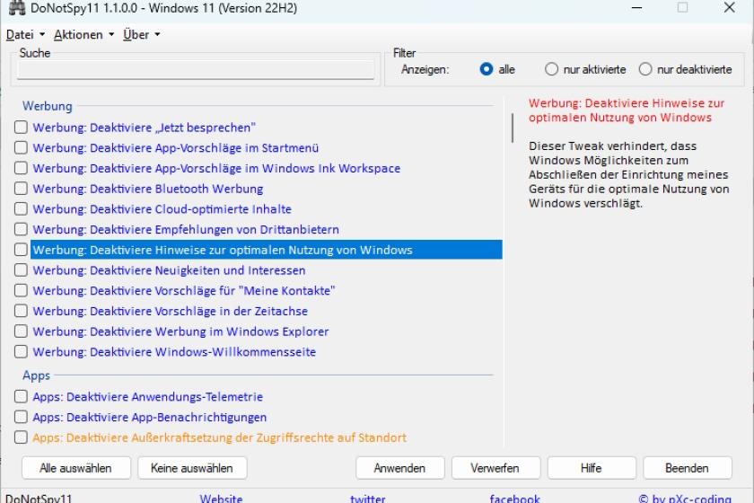 Praktisch: Zu jeder Einstellung gibt DoNotSpy11 auch eine kurze Erklärung.