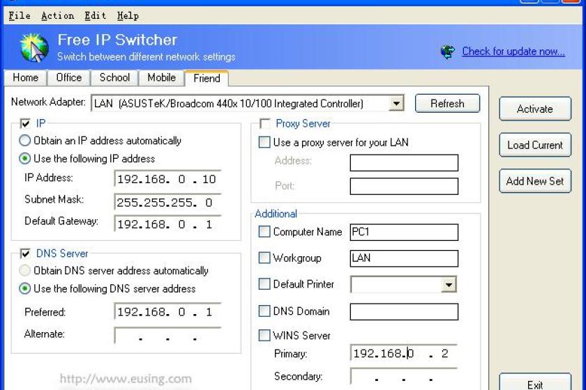 Screenshot des Tools Free IP Switcher, in dem IP-Einstellungen wie Adressen und DNS-Server zu sehen sind.