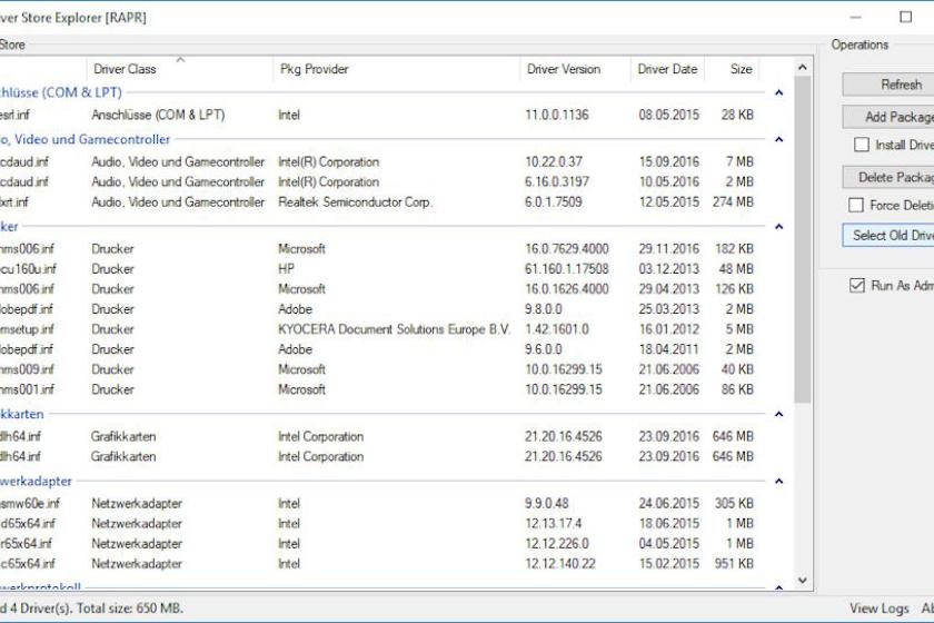 Screenshot von DriverStoreExplorer unter Windows: Tabelle mit installierten Treiberpaketen (INF-Dateien, Anbieter, Version, Datum, Größe) sowie Optionen zum Installieren oder Löschen von Treibern.