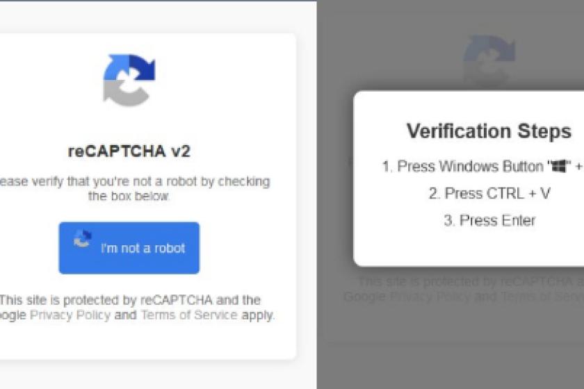 Eine gefälschte Captcha-Meldung fordert den Nutzer auf, die Tasten Windows + R und dann Steuerung + V zu drücken.