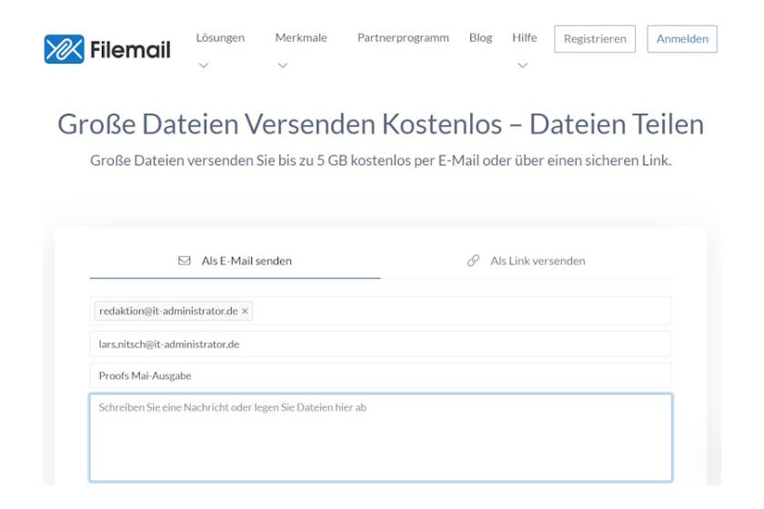 Nach der Eingabe weniger Informationen geht die gewünschte Datei mit filemail.com auf die Reise.