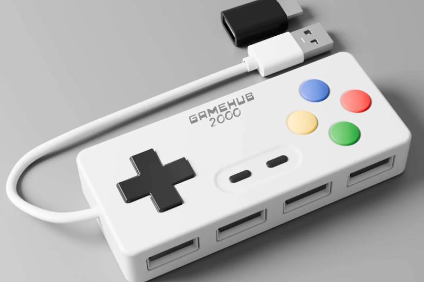 Der USB-Hub "Game Hub 2000" bietet vier Anschlüsse und kommt im Design eines Gamecontrollers daher.