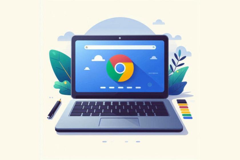 Darstellung eines geöffneten Laptops mit dem Google-Chrome-Logo auf dem Bildschirm.