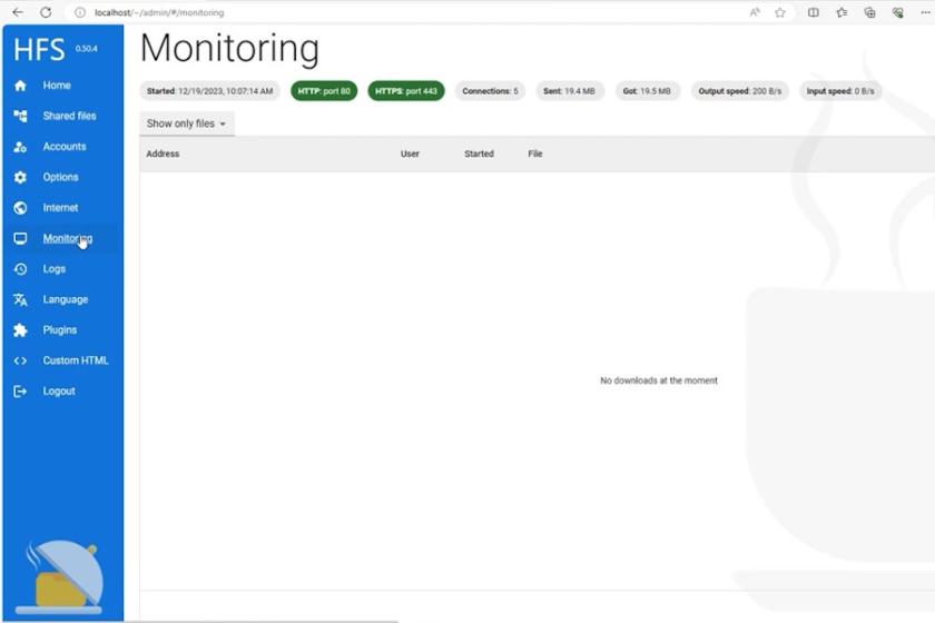 In HFS integriert ist eine Monitoringkomponente, die über aktuelle Dateitransfers informiert.