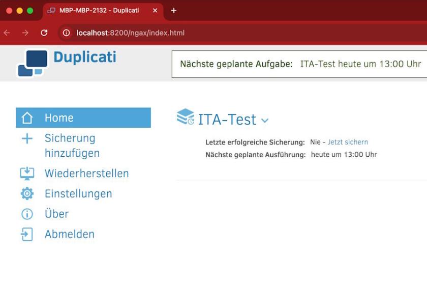 Screenshot der Duplicati-Weboberfläche mit geplanter Backupaufgabe "ITA-Test" und Menü für Sicherung, Wiederherstellung und Einstellungen.