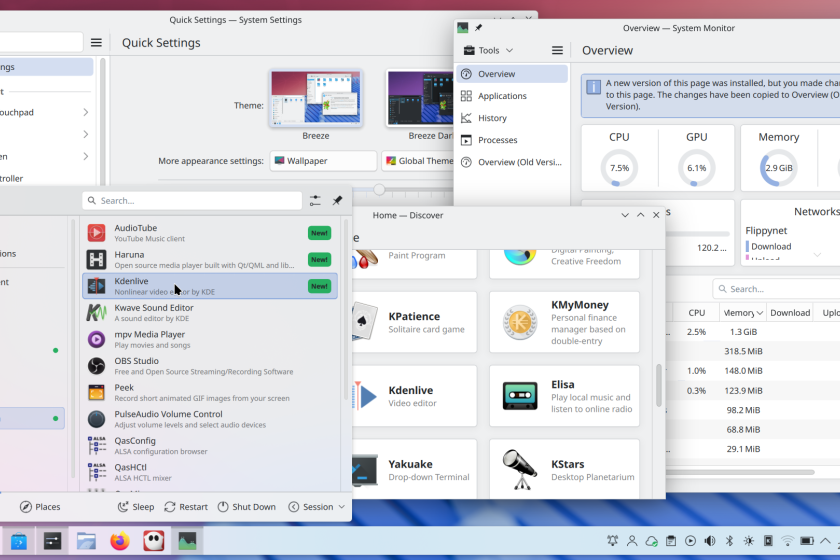 Screenshot der Benutzeroberfläche von KDE Plasma 6.4 mit zahlreichen geöffneten Fenstern.