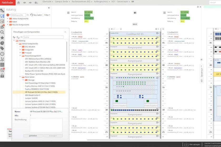 Screenshot von tripunkt Pathfinder: Der Schrankeditor platziert grafisch Komponenten aus dem umfangreichen Katalog in Serverracks und dokumentiert ihre Verbindungen untereinander.