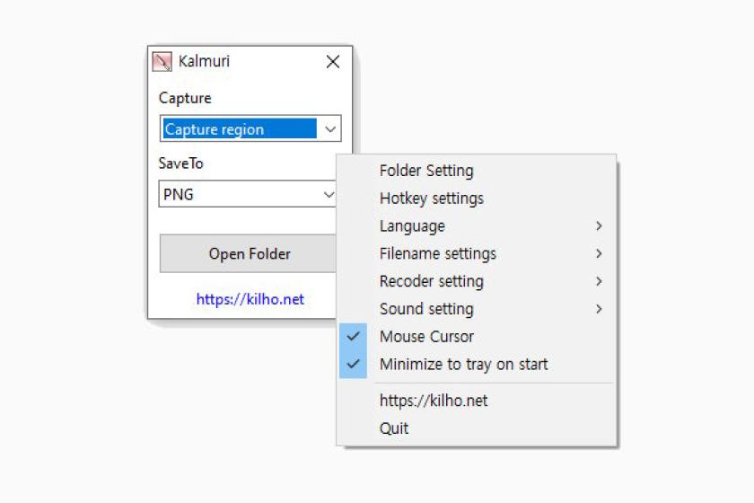 Screenshot der Kalmuri-Benutzeroberfläche mit Einstellungsfenster für Aufnahmeregion und Dateiformat sowie Kontextmenü mit Aufnahmeoptionen.