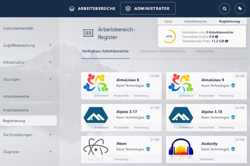 Die Docker-Registry von Kasm bringt zahlreiche fertige Desktops und Applikationen mit.