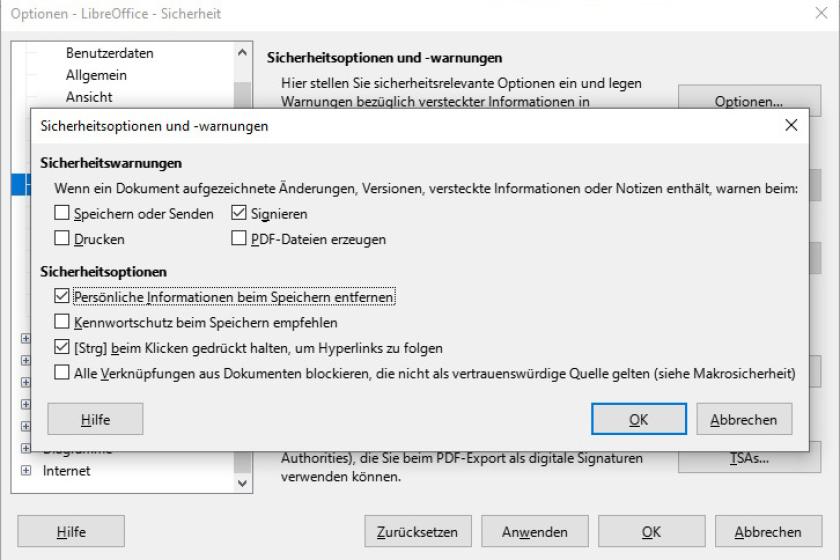 Mit dem entsprechenden Haken verzichtet LibreOffice beim Speichern von Dokumenten auf das Hinterlegen von persönlichen Informationen.