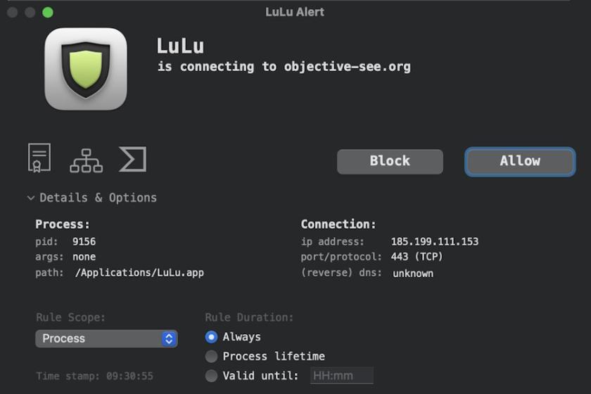 Screenshot eines LuLu-Alarmfensters unter macOS, das eine ausgehende Verbindung anzeigt und Optionen zum Blockieren oder Erlauben bietet.