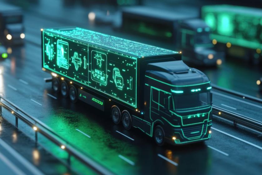 uturistischer Lkw auf einer nächtlichen Autobahn, dessen Auflieger als leuchtende digitale Visualisierung mit Symbolen für Daten und Systeme dargestellt ist. (Quelle: sittipolphoto – 123RF)