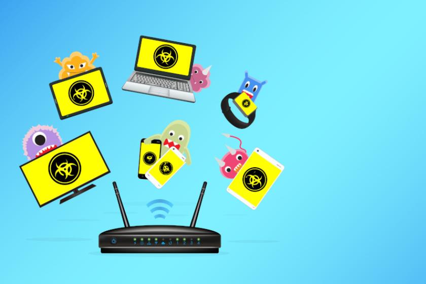 Ein Heim-Router mit darüber schwebenden Symbolen für smarte Devices, die von Malware infiziert wurden.