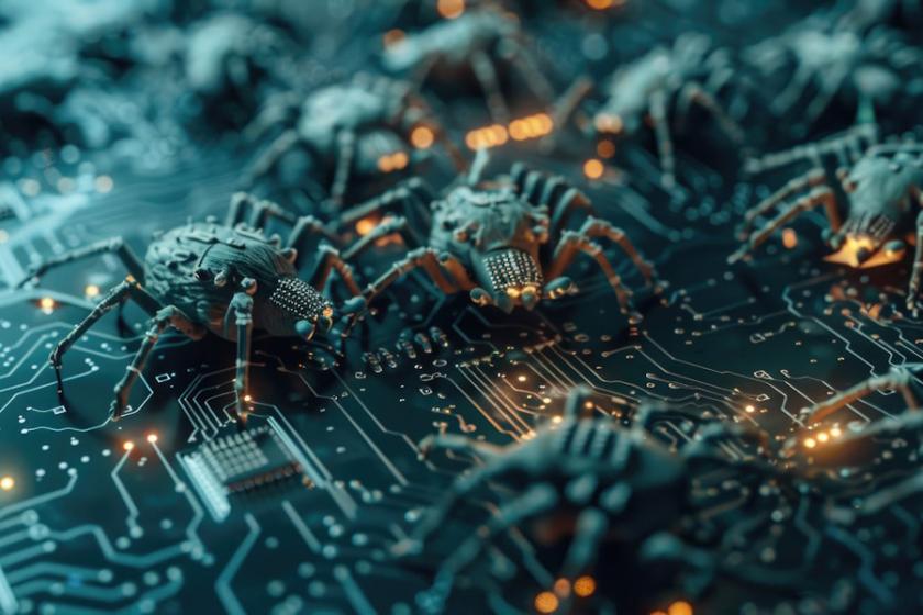 Illustration von elektronischen, käferähnlichen Maschinenidentitäten auf einer Platine als Symbol für Cybersicherheitsrisiken durch automatisierte Zugänge und malwarefreie Angriffe. (Quelle: vadimprokopych – 123RF)