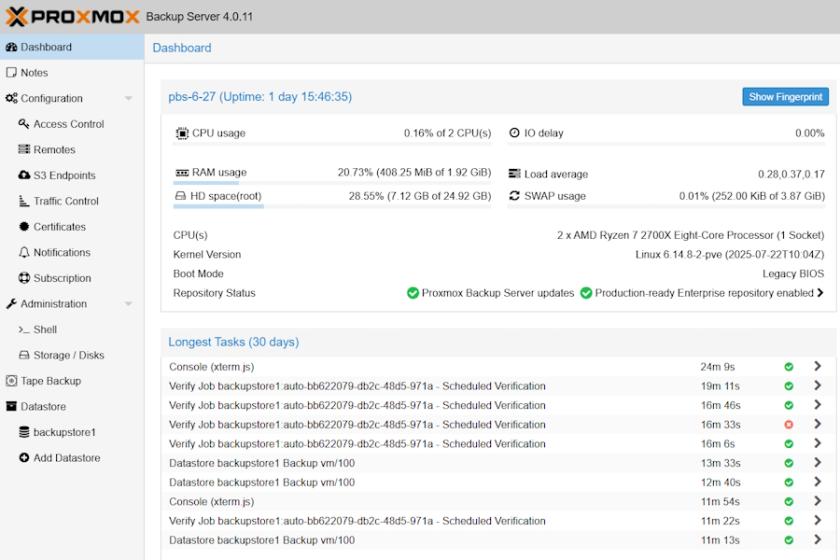 Das GUI von Proxmox Backup Server 4.0 ist weitgehend unverändert geblieben.