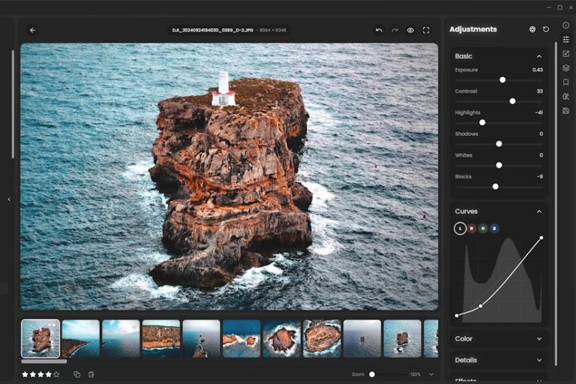 Screenshot der Open-Source-Software RapidRAW: Bearbeitung eines RAW-Fotos mit Reglern für Belichtung, Kontrast, Schatten und Highlights sowie einer Kurvenanpassung. Unten ist eine Galerie weiterer Bilder sichtbar.
