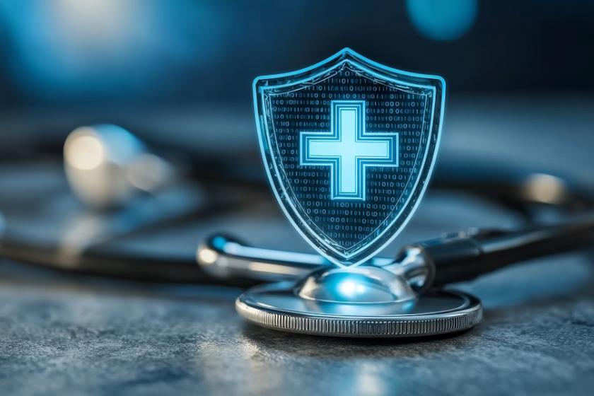 Symbolische Darstellung von IT-Sicherheit im Gesundheitswesen: Digitales Schutzschild mit medizinischem Kreuz über einem Stethoskop – steht für Datenschutz, Backup und Archivierung im Krankenhaus. (Quelle: videst – 123RF)