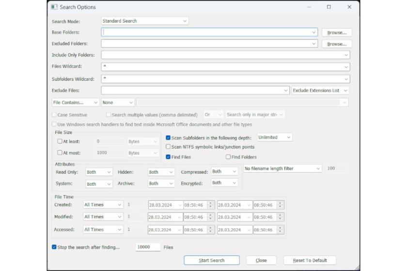 Die Anzahl der Suchparameter und -filter von SearchMyFiles ist durchaus beeindruckend.