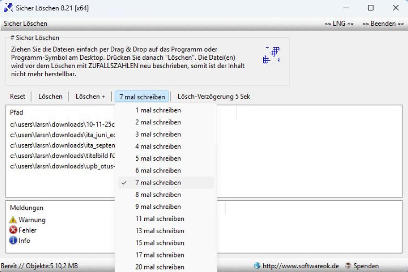 Programmoberfläche von "Sicher Löschen" unter Windows 11 mit Auswahlmenü für mehrfaches Überschreiben gelöschter Dateien.