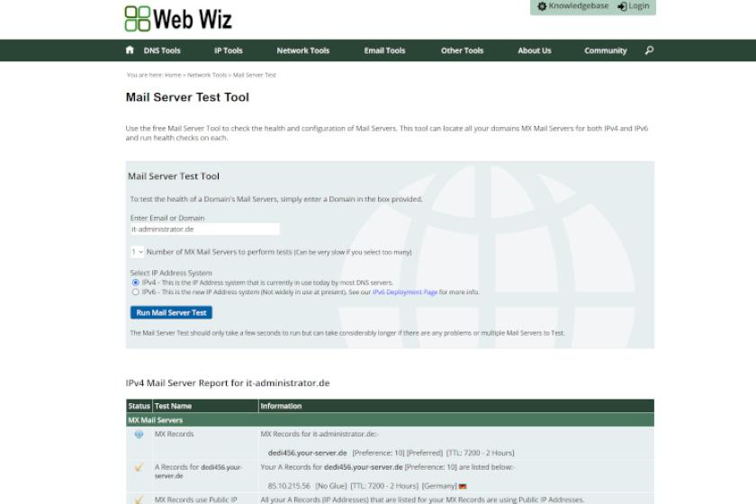 Mit dem Onlinedienst "Web Wiz" überprüfen Sie die Konfiguration Ihres Mailservers.