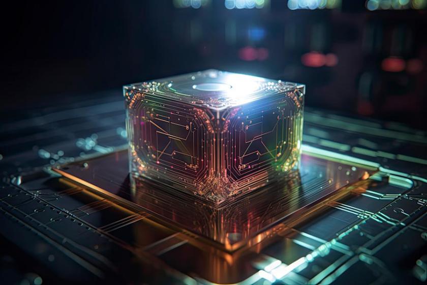 Symbolbild: Ein leuchtender Würfel auf einer Platine steht für die Integration von Quantencomputern in Supercomputersysteme.