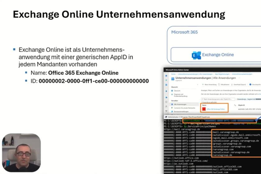 Screenshot aus dem Tech-Talk-Video zu Exchange Hybrid mit einem geöffneten Kommandozeilenfenster und dem Entra ID Admin Center.